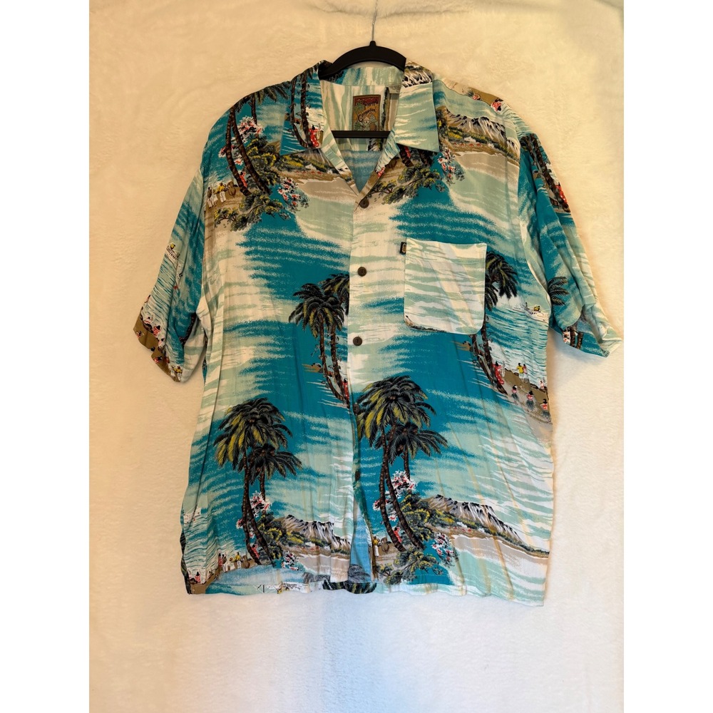 Pineapple Connection Mens Large Rayon Hawaiian Shirt Tropical Beach Palm Blue